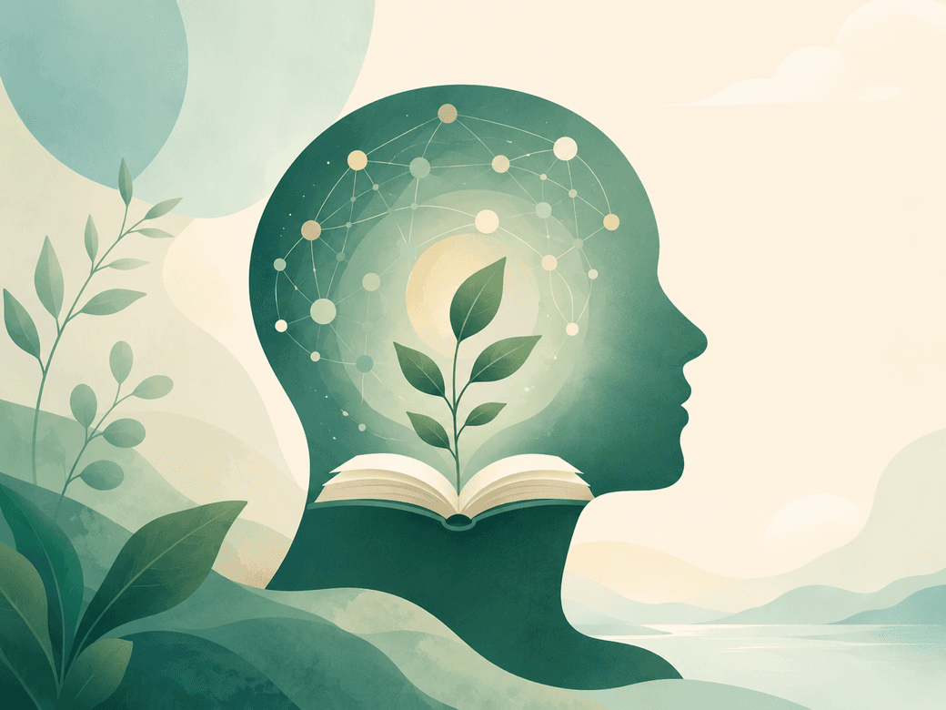 Illustration of a human profile with a growing plant, open book and connected ideas, representing mental health learning and growth