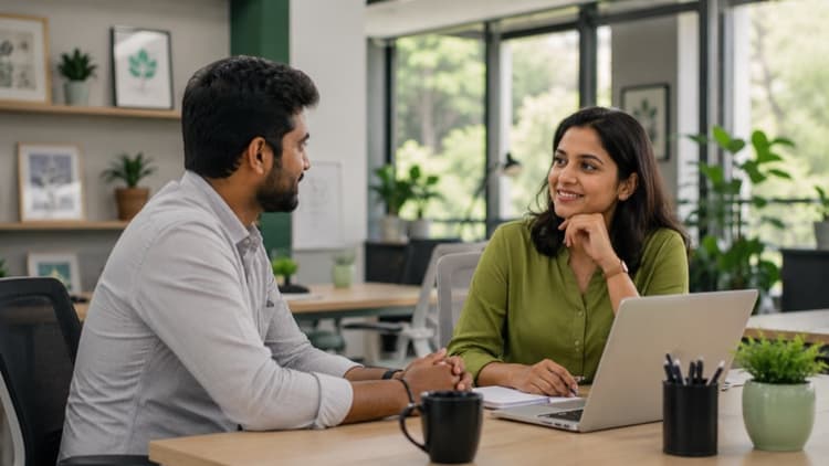 Colleagues having a supportive conversation in a modern office
