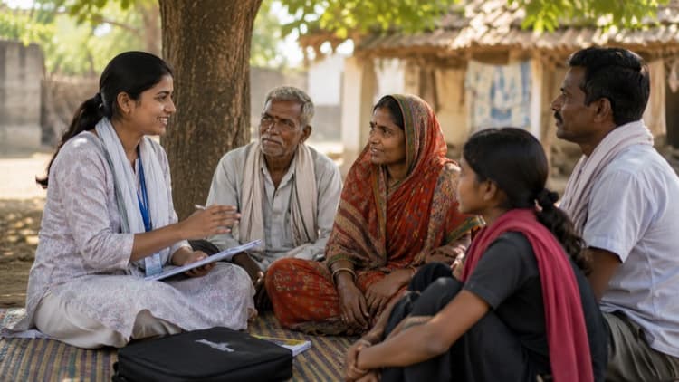 Community health worker speaking with villagers in rural India