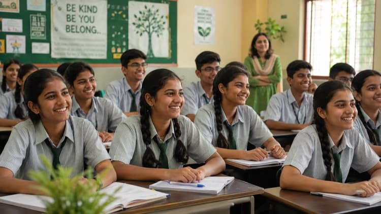 Students in an Indian school classroom during a wellbeing session