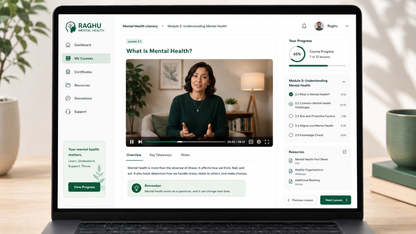 Mental health literacy module player with video lesson and progress sidebar